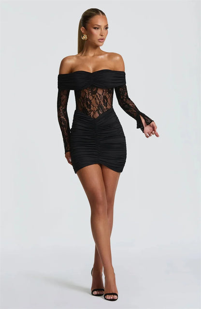 Mozision Off-shoulder Strapless Backless Sexy Mini Dress Women Gown Elegant Lace See Through Long Sleeve Ruched Club Party Dress