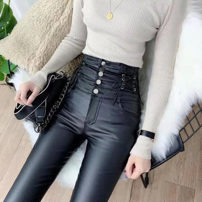 Women High Waisted Faux Leather Pants PU Leggings Single-Breasted Plus Velvet Matte Skinny Leggings Black Sexy Pencil Pants C275