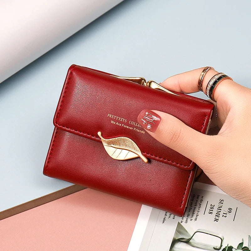 New purse Female Japan and South Korea small fresh PU solid color three fold bag multi-card folding large capacity coin student - Kimlud