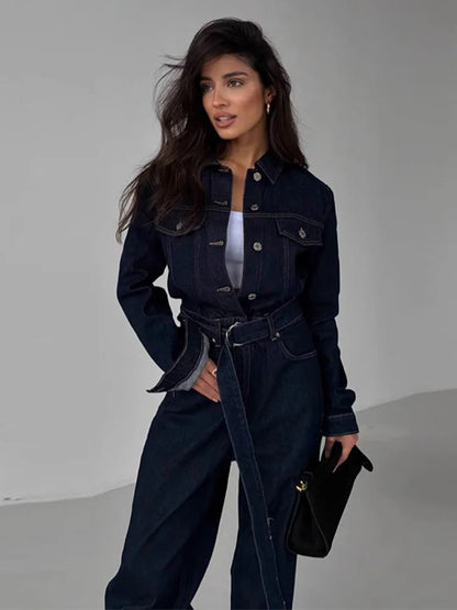 Chic Denim Women's Jumpsuit Turn-Down Collar Lace Up Full Sleeve Lady Long Jumpsuits 2026 Spring Casual Female Streetwear - Kimlud