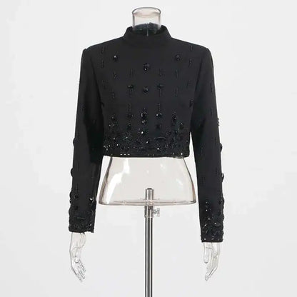 TWOTWINSTYLE Solid Spliced Diamonds Two Piece Set For Women Stand Collar Long Sleeve Tops High Waist A Line Skirt Set Female New