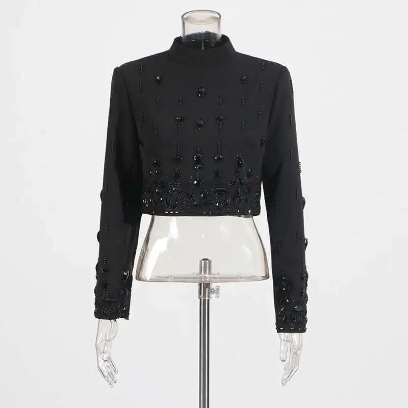 TWOTWINSTYLE Solid Spliced Diamonds Two Piece Set For Women Stand Collar Long Sleeve Tops High Waist A Line Skirt Set Female New