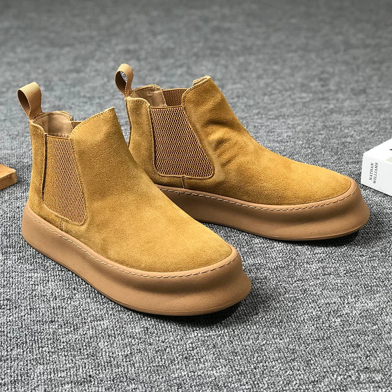 Men Thick Soled Suede Short Boots Retro Autumn Winter Comfortable  Fashionable Height Increasing Boots for Casual Young People