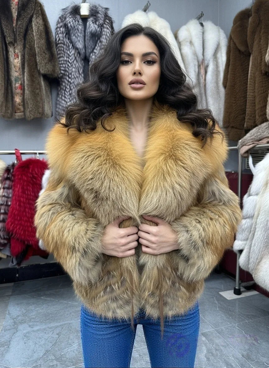 Lady's Natural Stripes Fox Fur Coat with Big Collar Spring Autumn Luxury Fashion Jacket