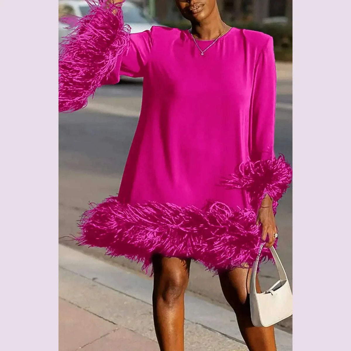 PLUS SIZE Feather Fur Patchwork Mini Dress Elegant Party Long Sleeve Dress Autumn Winter Women Sexy Personality Y2k Vestidos