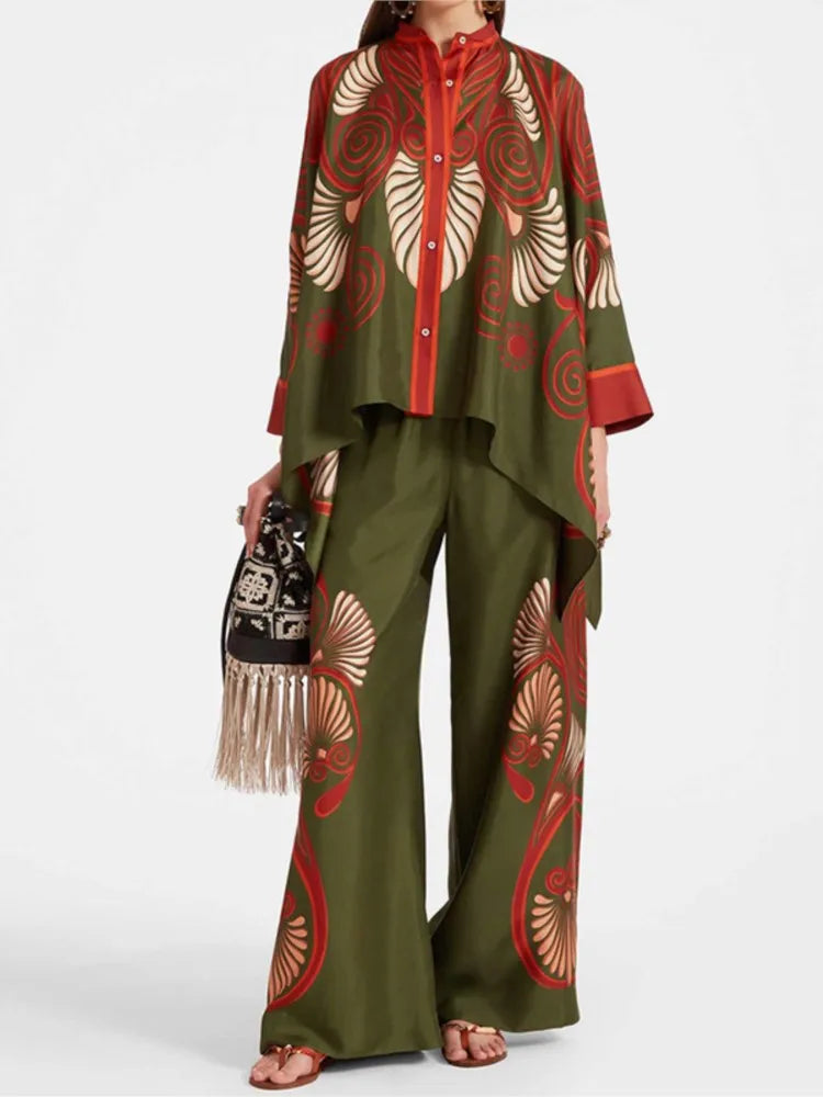 2 Piece Sets Fashion Women's Irregular Geometric Print Pants Sets Long Sleeve Shirts And Wide Leg Pants Stylish Streetwear Suit