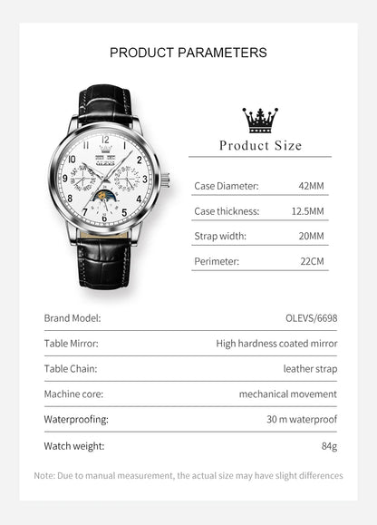OLEVS 6698 Mens Watch Luxury Dress Brand Moon Phase Automatic Mechanical Watch For Men Leather Waterproof Dual Calendar...