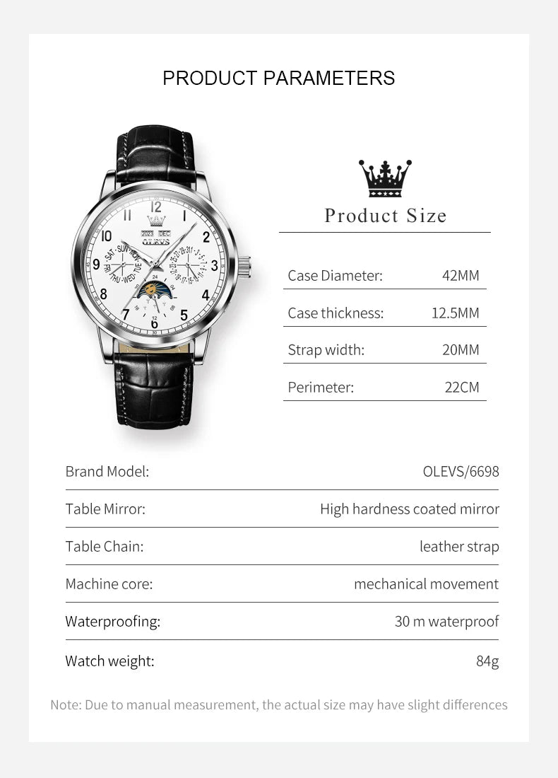 OLEVS 6698 Mens Watch Luxury Dress Brand Moon Phase Automatic Mechanical Watch For Men Leather Waterproof Dual Calendar...