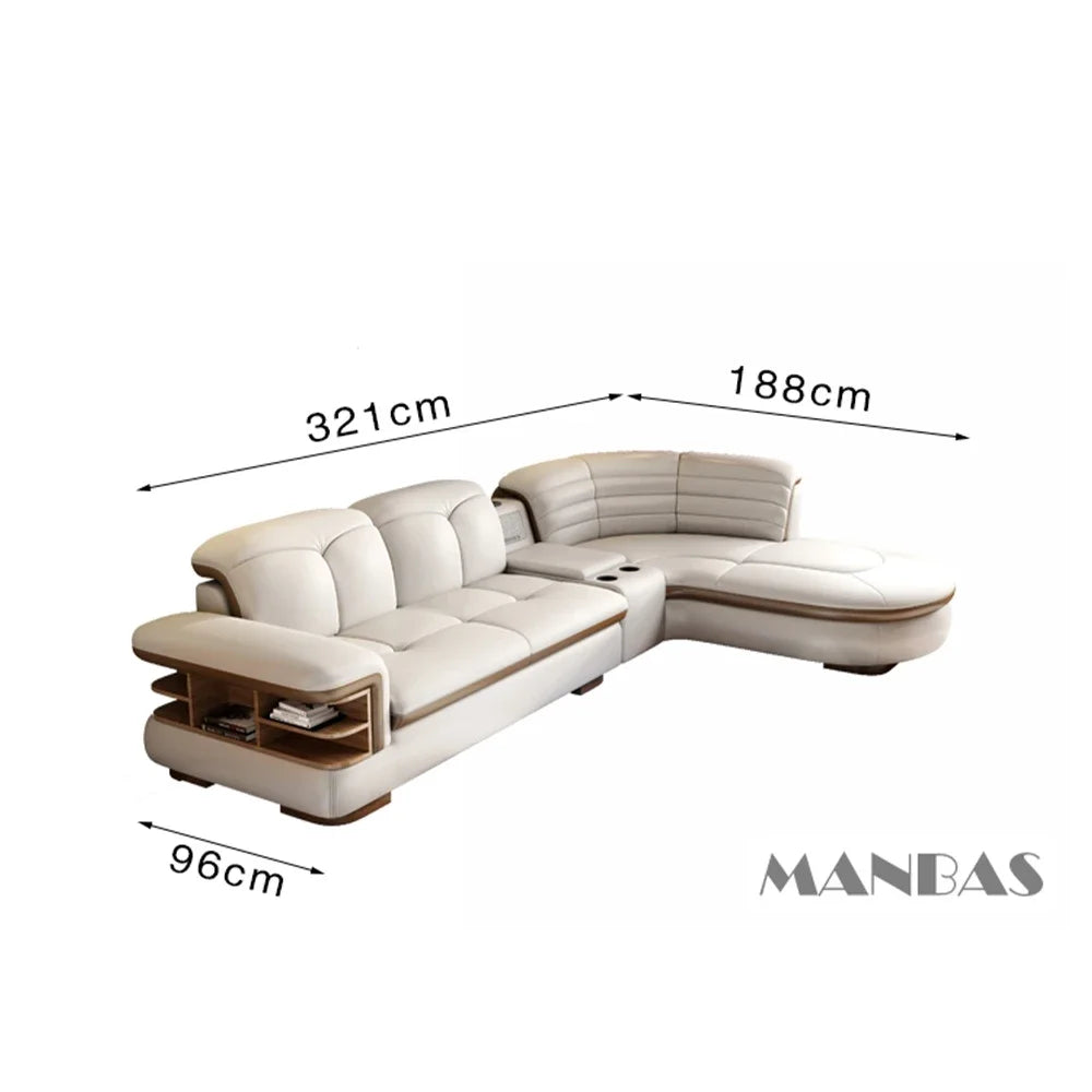 Luxury L-Shaped Genuine Leather Sectional Sofa Sets with USB, Bluetooth Speaker - Linlamlim Living Room Italian Leather Couches - Kimlud