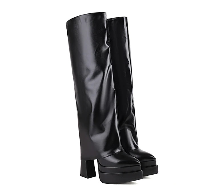 2024 Pointed Toe Three-Layer Waterproof Platform Ultra-High Profiled Thick Heel Fashion Catwalk Women's Boots Zipper Pants Shoes