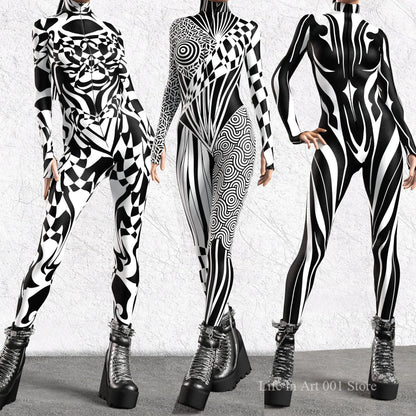 Black and White Pattern Zentai Suit Halloween Cosplay Morphsuit Women Rave Bodysuits Jumpsuits Tights Carnival Party Masquerade