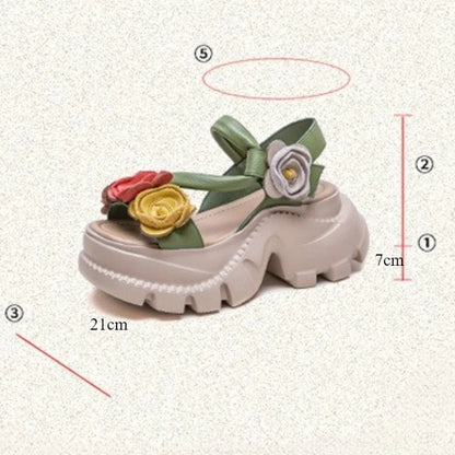 Koznoy 7cm Cow Genuine Leather Platform Wedge Women Summer Flower Slippers Pumps Hook Hollow Mary Jane Sandals Shoes Flats - Kimlud
