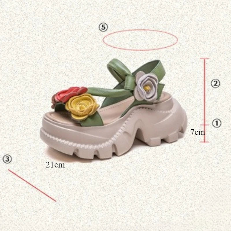 Koznoy 7cm Cow Genuine Leather Platform Wedge Women Summer Flower Slippers Pumps Hook Hollow Mary Jane Sandals Shoes Flats - Kimlud