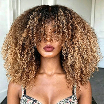 Afro kinky Curly Hair Wig Ombre blonde Brown 100% Human Hair wig Highlights Honey blonde 250% Density Glueless Wig With Bangs
