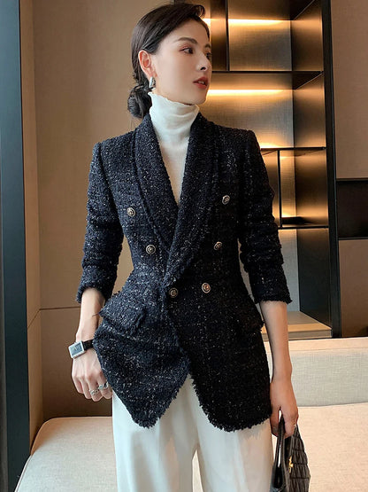 2021 autumn new style small fragrant black temperament wool small suit jacket women's self-cultivation suit blouse