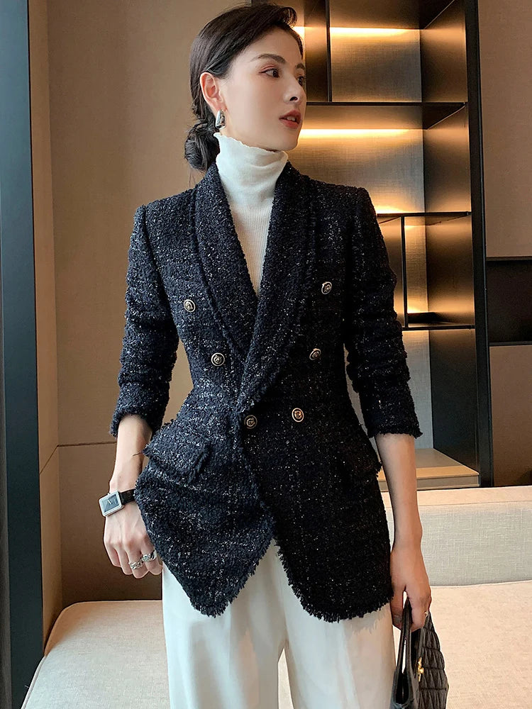 2021 autumn new style small fragrant black temperament wool small suit jacket women's self-cultivation suit blouse