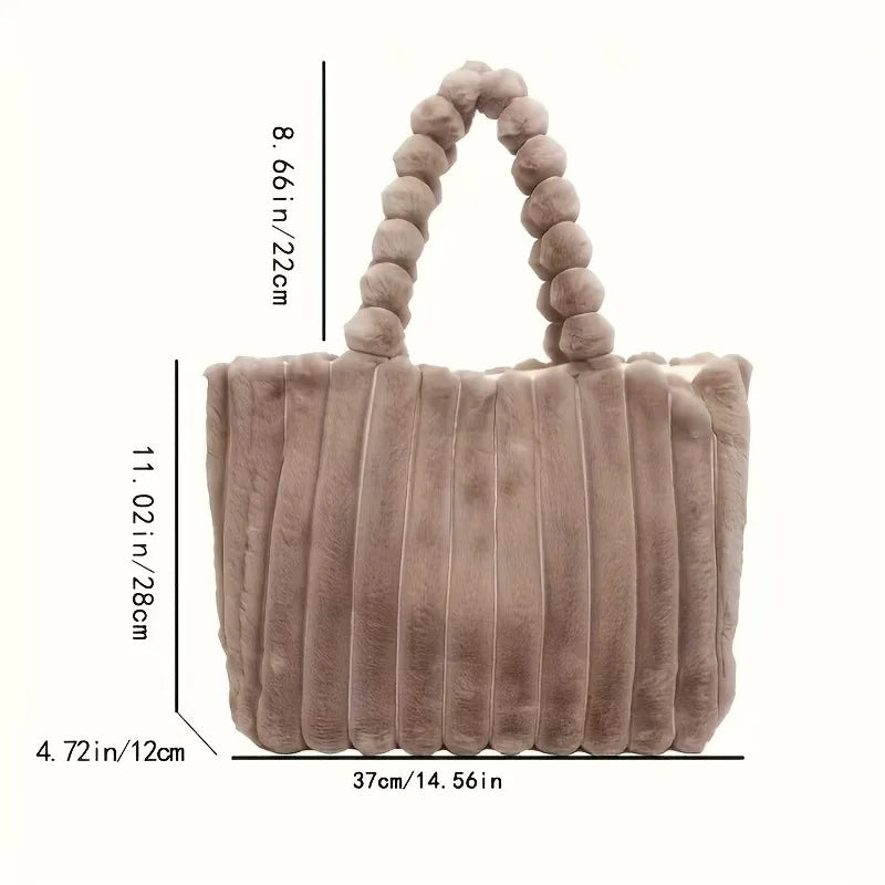 Autumn Winter Soft Plush Totes Bags, Stylish College Student Women Handbag Shoulder Bag with Leather Material Polyester Lining
