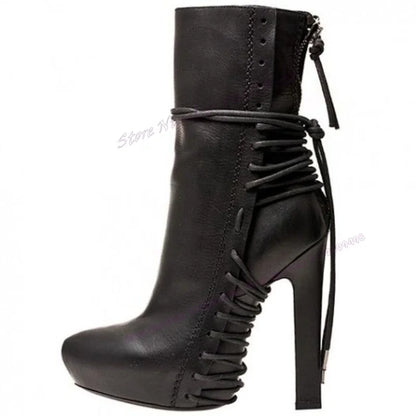 Black Matte Leather Cross Tied Ankle Boots Po inted Toe Shoes for Women Thin High Heels Sexy Lady Shoes 2025 Zapatos Para Mujere