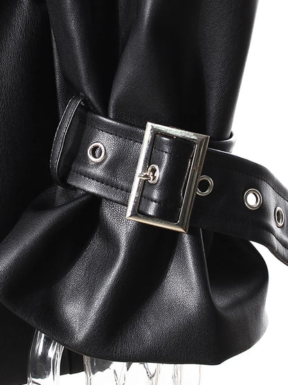 TWOTWINSTYLE Hit Color Slimming Fashion Jackets for Women Lapel Long Sleeves Tunic Patchwork Leather Streetwear Jacket Female - Kimlud