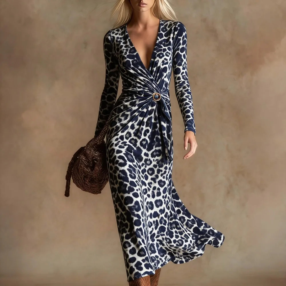 Sexy Leopard Print Velvet Maxi Dress Women Long Sleeve V Neck Twist Front Elegant Cocktail Party Dress Vacation Evening Dress