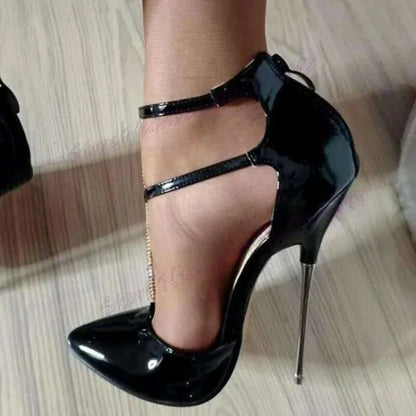 Black Cover Heels Metal Heels Pumps Matte Leather Pointy Toe Shoes for Women Thin High Heels Sexy Shoes 2025 Zapatos Para Mujere