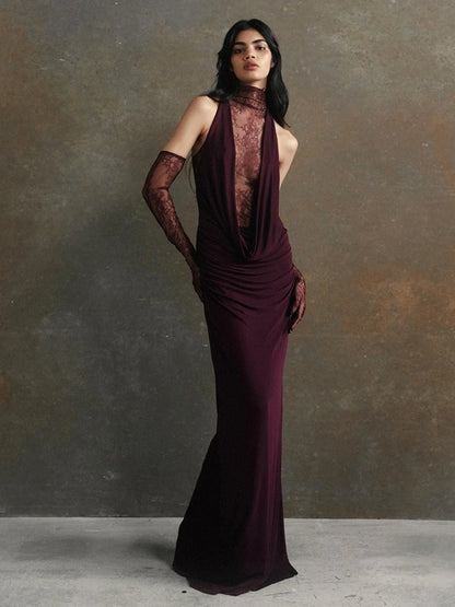 Sexy Sleeveless High Neck Lace Patchwork Long Dress with Gloves Women Black Hollow Out Buttons Evening Club Party Maxi...