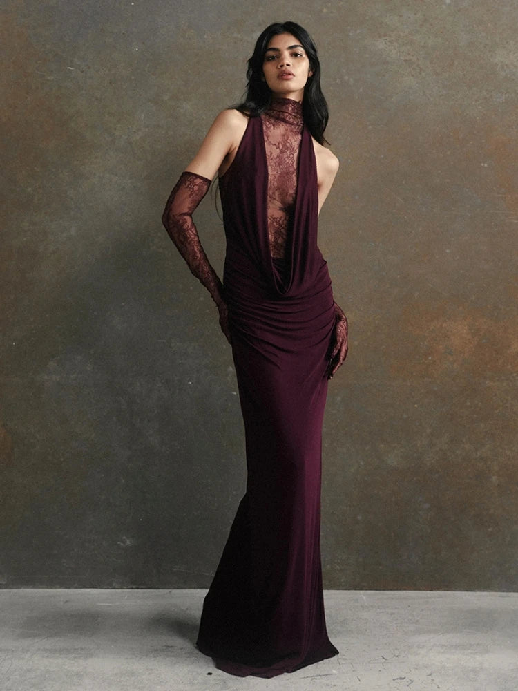 Sexy Sleeveless High Neck Lace Patchwork Long Dress with Gloves Women Black Hollow Out Buttons Evening Club Party Maxi...