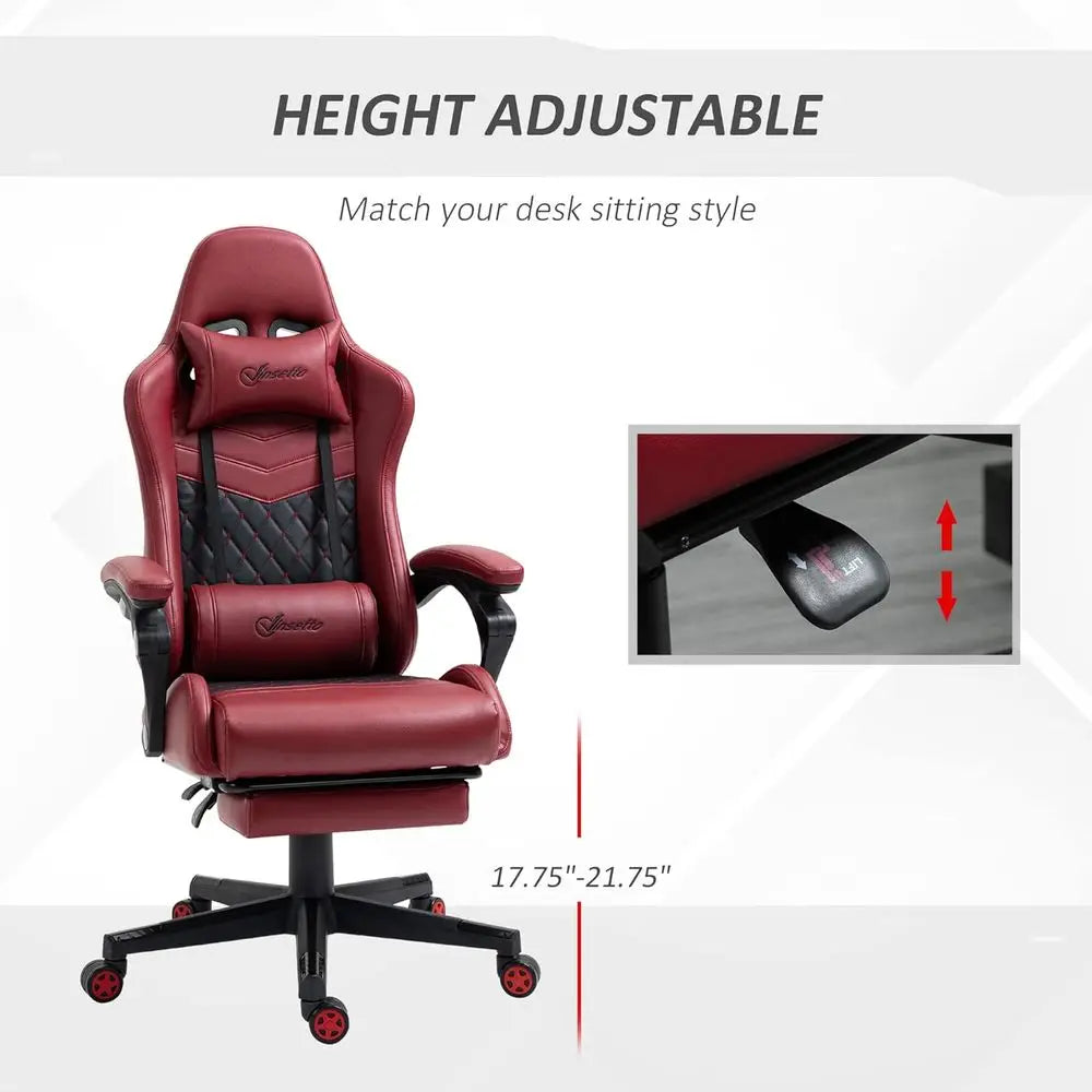 High-Back Swivel Reclining Gaming Chair with Footrest, Lumbar Support, Adjustable Height, Red Leatherette