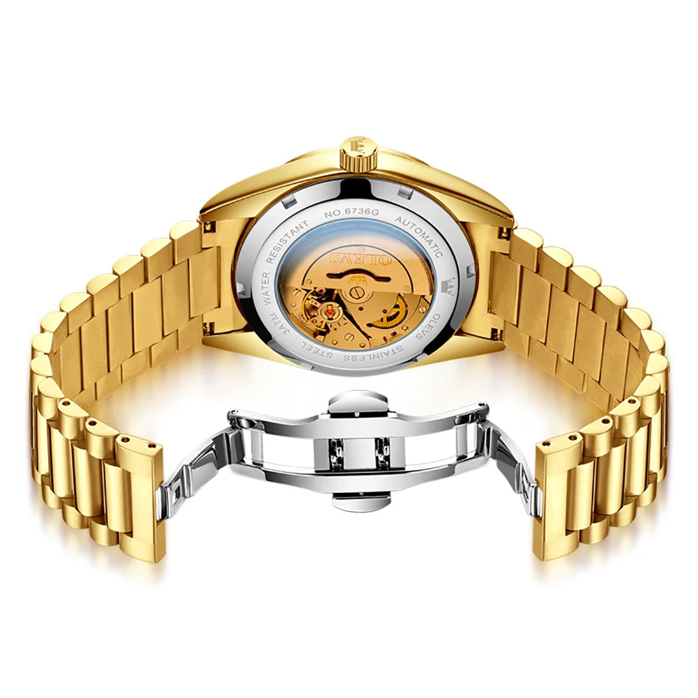 OLEVS Men's Fully Automatic Mechanical Watch Gold Stainless Steel Date Men's Night Light Waterproof Business Watch |...