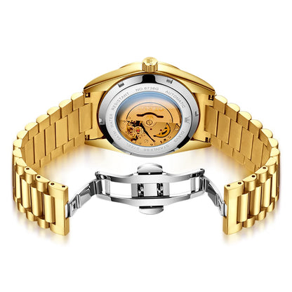 OLEVS Men's Fully Automatic Mechanical Watch Gold Stainless Steel Date Men's Night Light Waterproof Business Watch |...