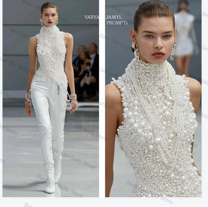 Luxury Pearls Women Suit 2 Pcs White Top Vest+Trousers Pants Formal Office Lady Jacket Customized Wedding Tuxedos Prom Coat