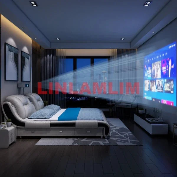 BJ Genuine Leather Bed Multifunctional Beds Ultimate Massage Camas With Bluetooth,Speaker,Safe,Air Cleaner, Projector,Drawers