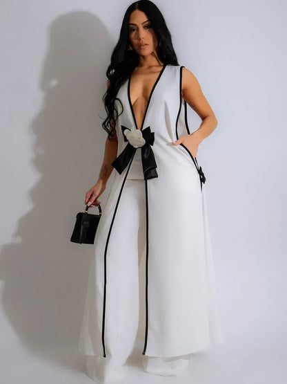 Bow Tie Appliques V-neck Sleeveless Long Top and Wide Leg Pants Matching Sets Women Two Piece Set Elegant Vintage Club Outfits - Kimlud