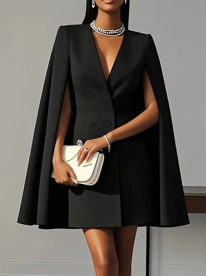 Women's Double Breasted Shawl Cape Suit Dress - Solid Color V-Neck Mini Dress with Open Back Sleeves | Kimlud Office...