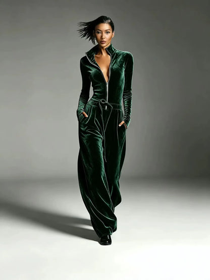2026 Spring Retro Solid Velvet Women's Jumpsuit Elegant Half Zip Stand Collar Drawstring Waist Overalls Casual Streetwear Romper - Kimlud