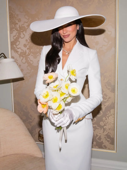 Women White Wedding Suit 2 Piece Set Slim Fit Blazer Long Midi Skirt Vintage Wide Brim Hat Outfit Formal Evening Customized