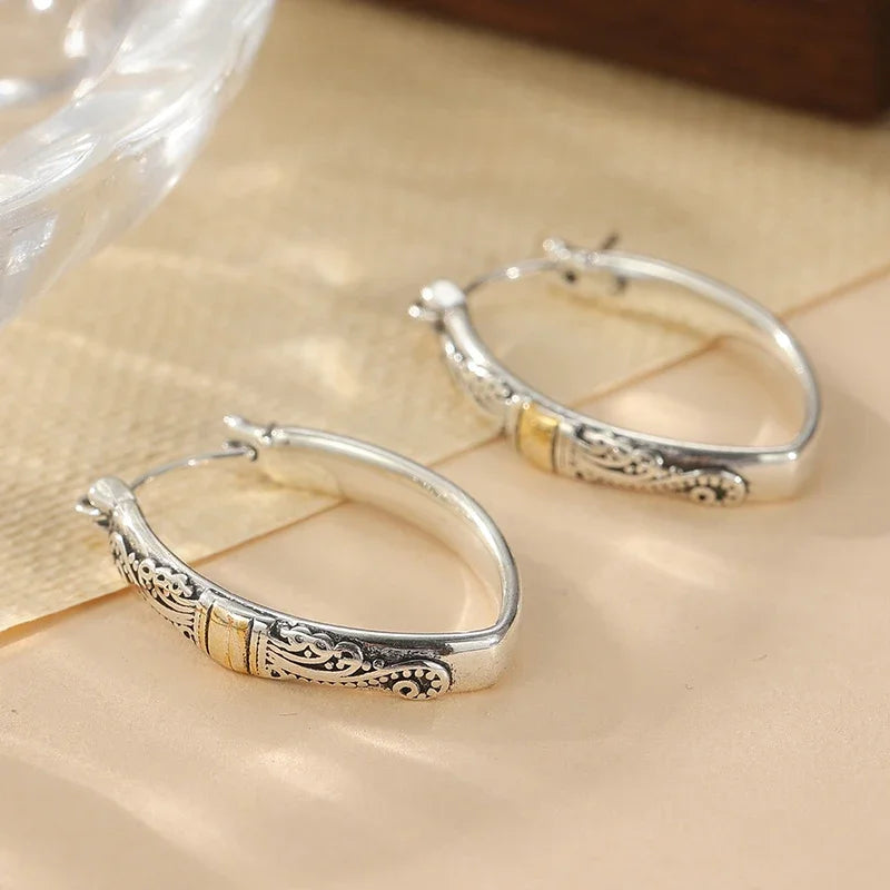 Ethnic Silver Color Carving Pattern Hoop Earrings Bohemian Style Vintage Earrings For Woman Vintage Jewelry Accessory