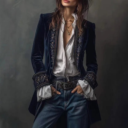 Long Sleeve Women's Outercoat Causal Autumn Winter Elegant Patchwork Velvet Slim Coat Vintage Pattern Print Cardigan Jackets