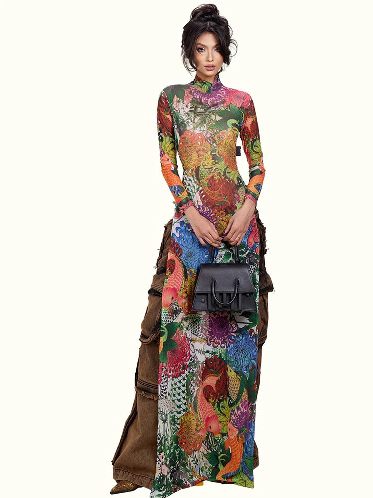 Whatiwear Spring Trend T-Shirts Woman Splits Hem Colorful Flower Extended Print o-Neck Full Sleeve High Waist Elegant...