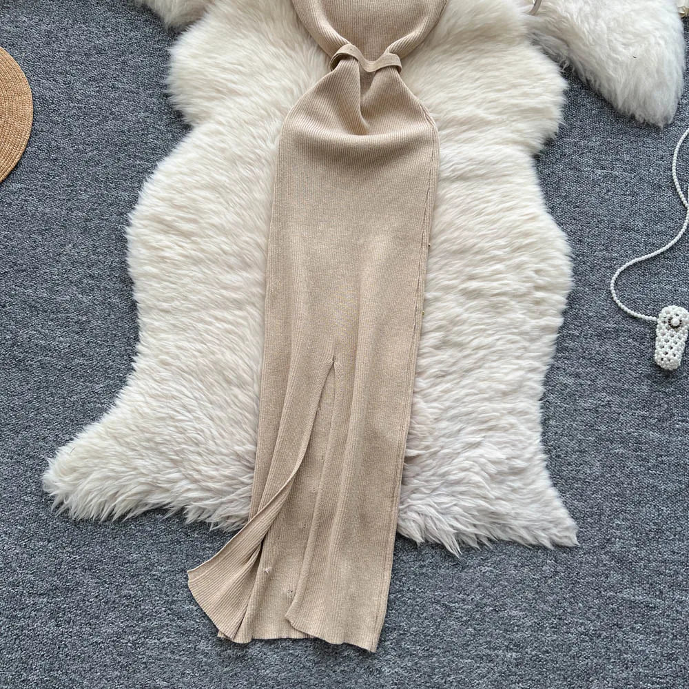 Women's Beige Spaghetti Strap Square Neck Gold Dot Embellished Belted Stretchy Knit Bodycon Maxi Dress Elegant Party Long Dress - Kimlud