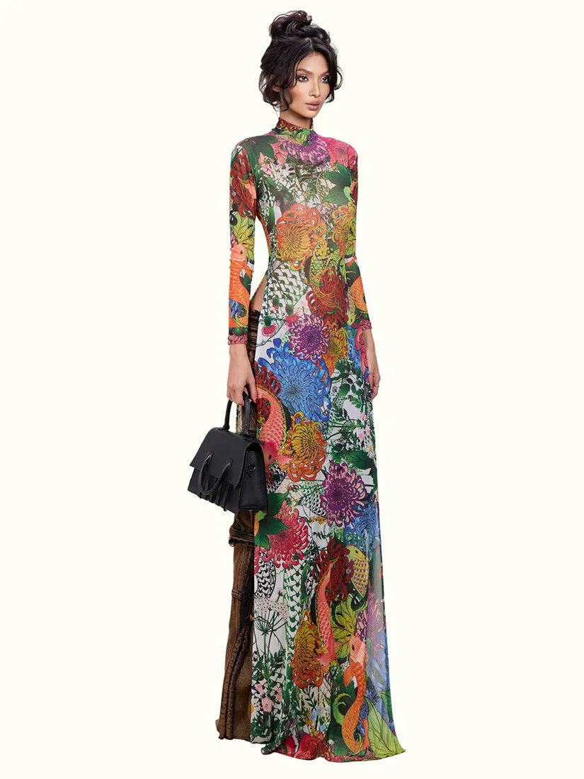 Spring New Arrival Women's Long Sleeve Plant Print High Split Long Top Fashionable Personalized Polyester High Waist H-Line D... - Kimlud