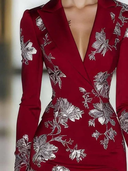 Elegant Luxury Floral Print Bodycon Midi Dress Retros V-neck Long Sleeve Fit Banquet Dress Temperament High Waist Wrap Hip Dress