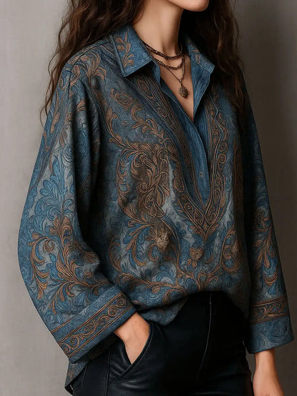 Retro Blue Paisley Print Loose Blouse Women Lapel Button Long Sleeve Basic Shirts Casual Beach Bohemian Tops blusas femmes