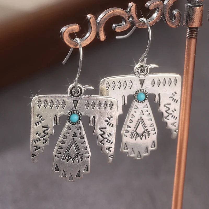 Ethnic Silver Color Imitation Turquoise Eagle Dangle Women's Earrings Geometry Party Daily Wear