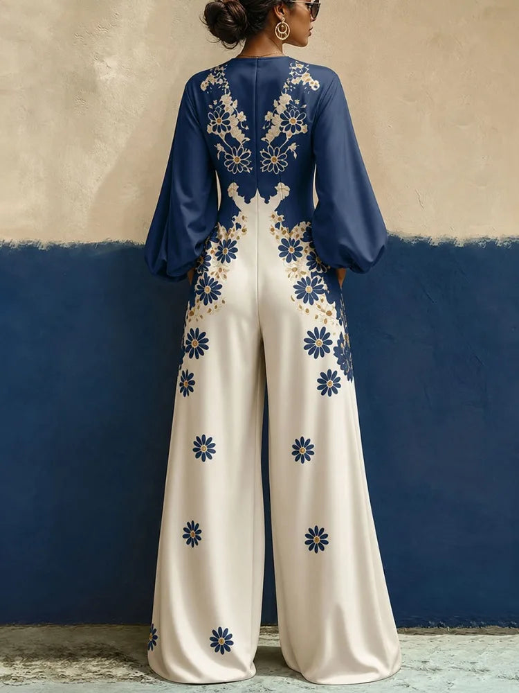 Yeezzi Women's Elegant Floral Printed Jumpsuit V-Neck Puff Long Sleeves Loose Wide Leg Jumpsuits Party Evening Long Pants Romper