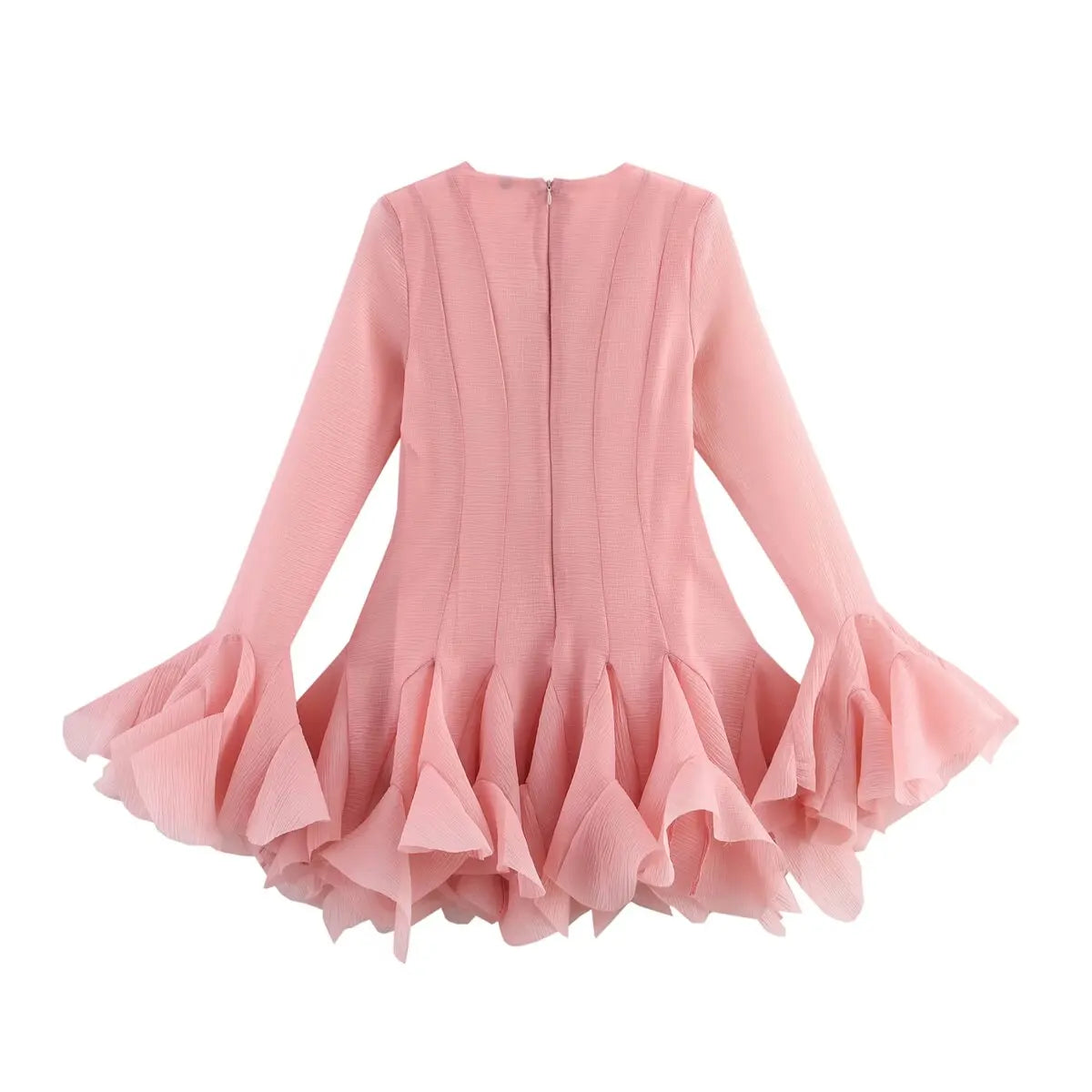 2026 Summer Women's Elegant Multi-Layered Ruffled Hem Mini Dresses Lady Sweet French Style Long Flare Sleeve Slim Fit Puffy Robe - Kimlud