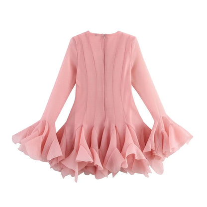 2026 Summer Women's Elegant Multi-Layered Ruffled Hem Mini Dresses Lady Sweet French Style Long Flare Sleeve Slim Fit Puffy Robe - Kimlud