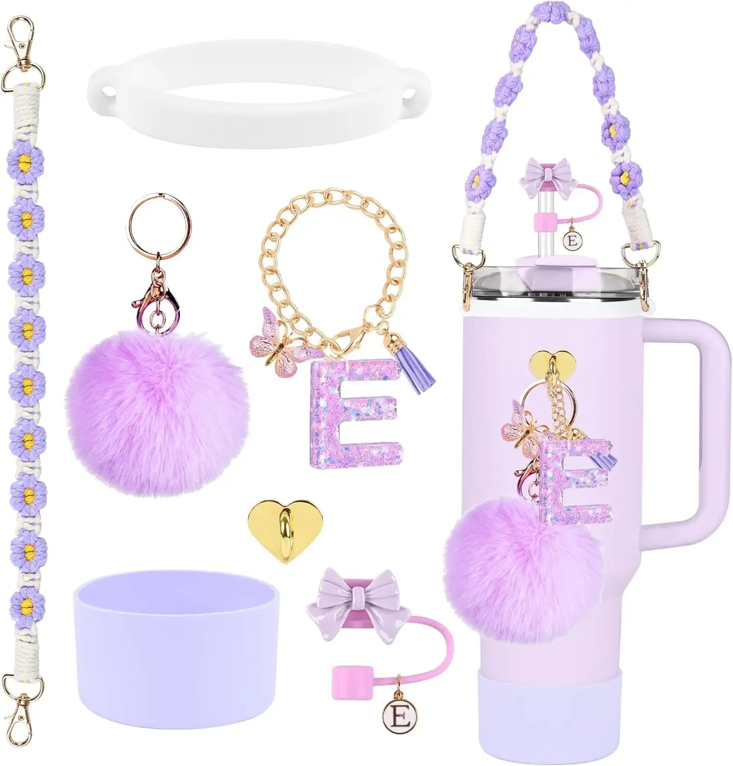 7PCS Accessories Set for Stanley Cup Purple Straw Topper Cup Boot Water Bottle Handle Strap Letter Charms 40oz 30oz Tumbler