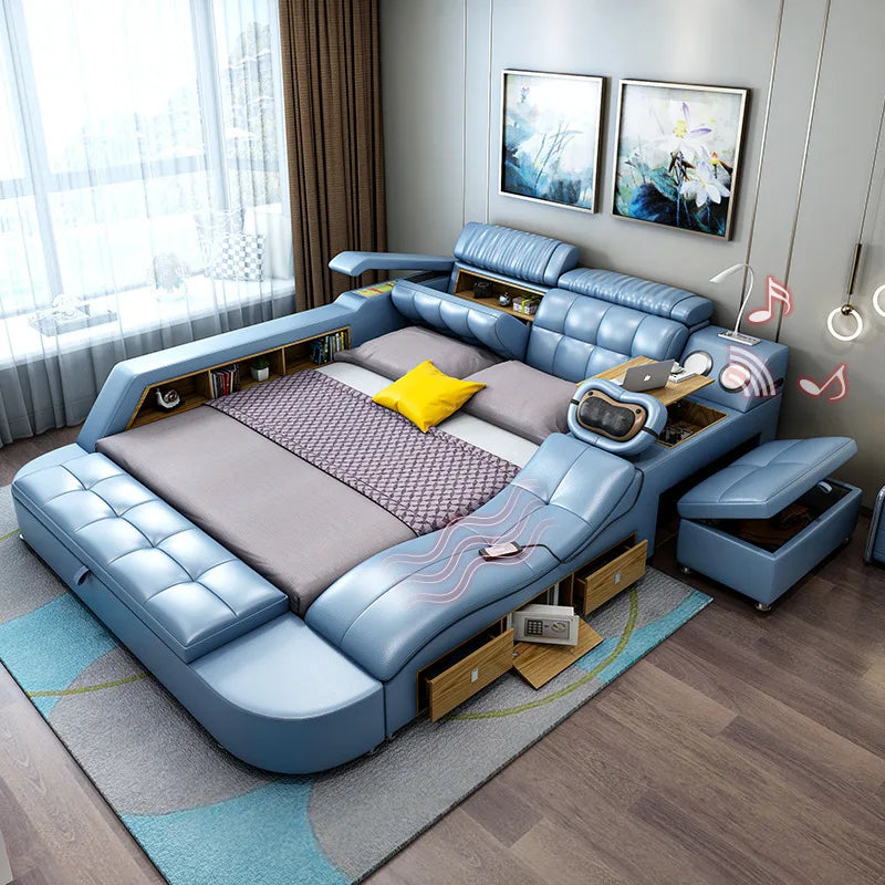 Leather Smart Bed King Size Sofa Multifunctional Queen Bed Bedroom Furniture Double Bed With Massager Lit 2 Places...