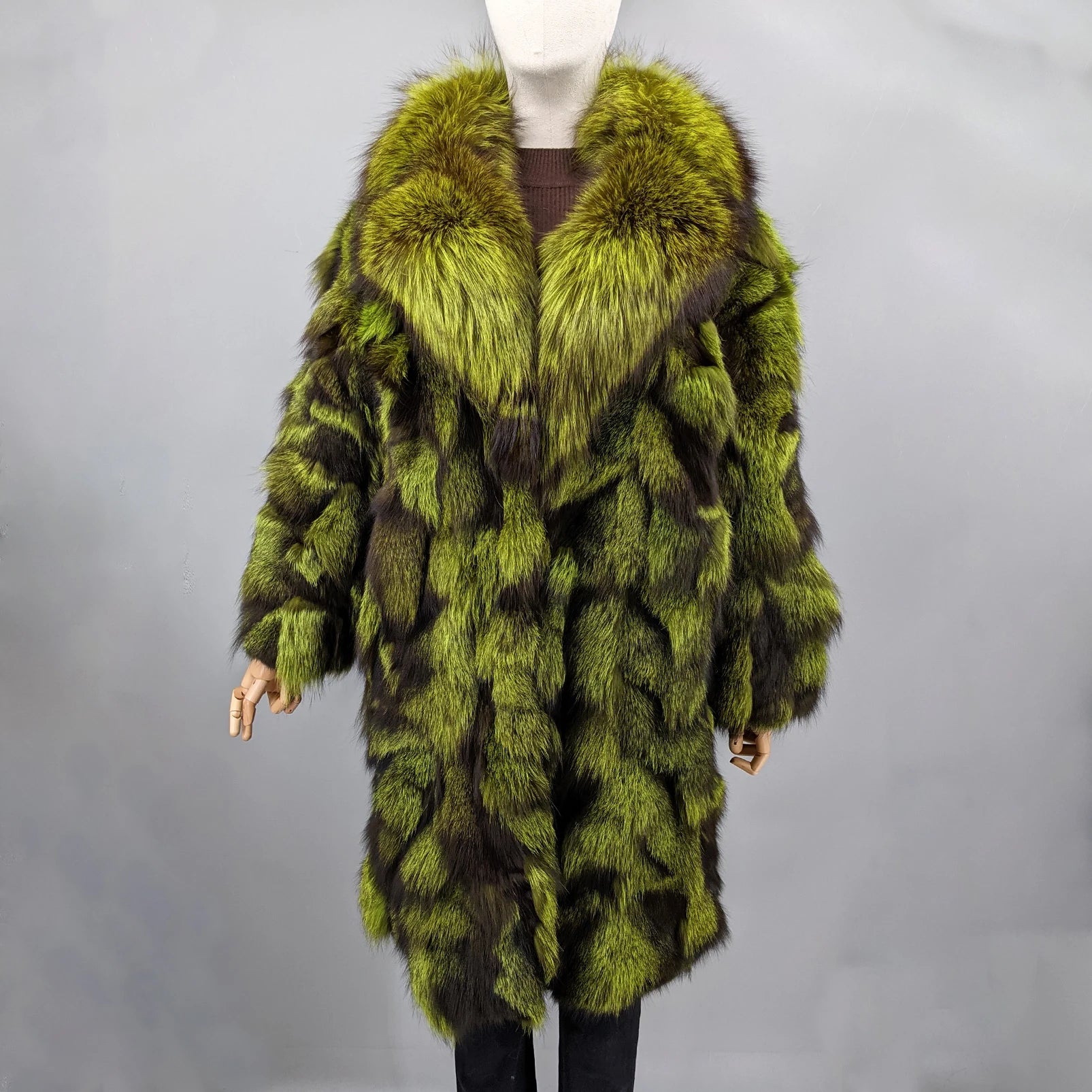 Women’s Genuine Real Fox Fur Patchwork Long Coat, Green‑Brown Color‑Block Wide Lapel Collar, Loose‑Fit Fluffy Luxury 260628